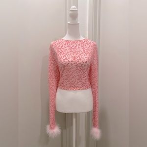 Leopard Print Sheer Mesh Y2K-Inspired Crop Top With Fluffy Faux Fur Sleeves - XL